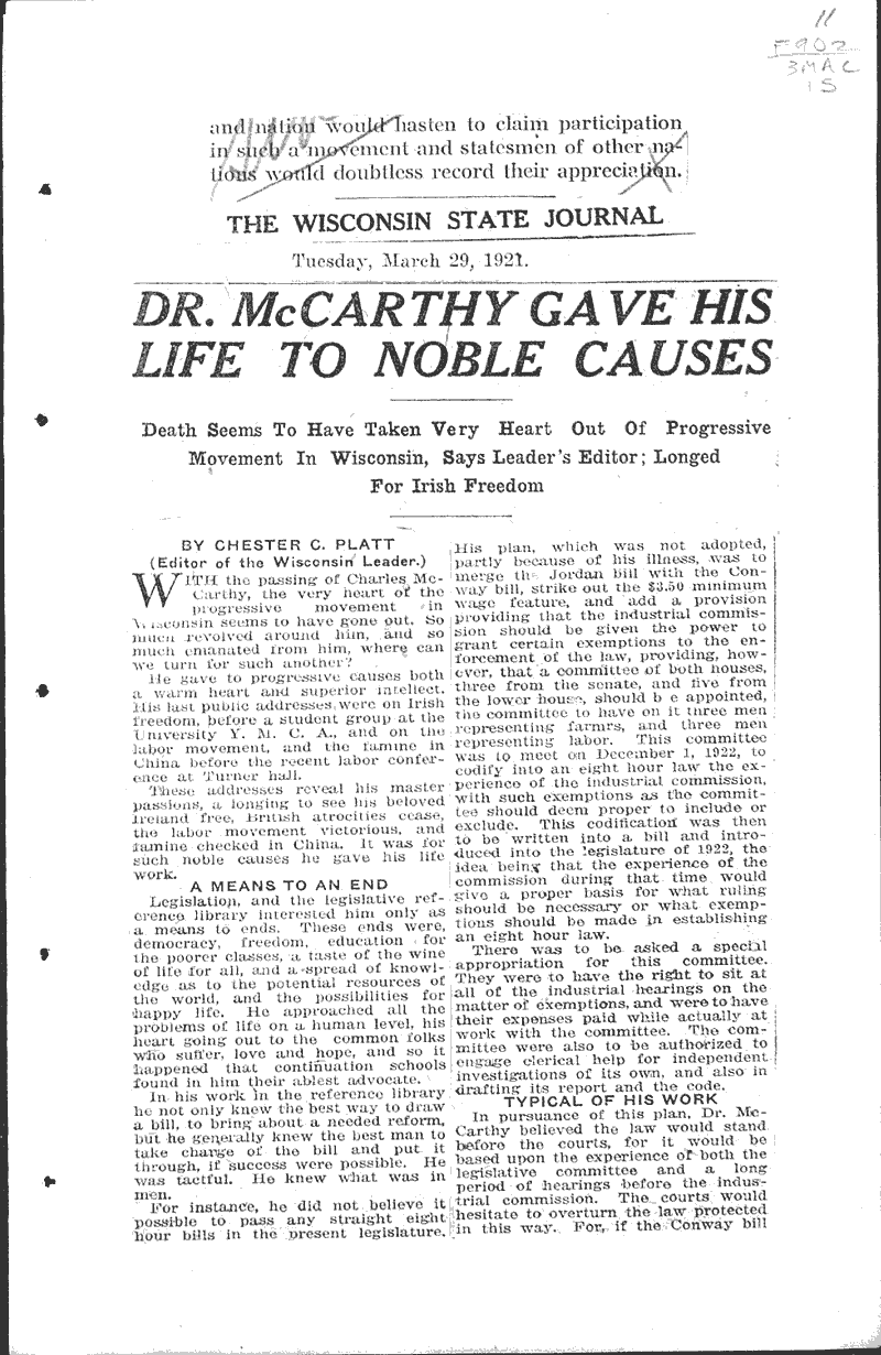  Source: LaCrosse Tribune Topics: Government and Politics Date: 1921-03-29