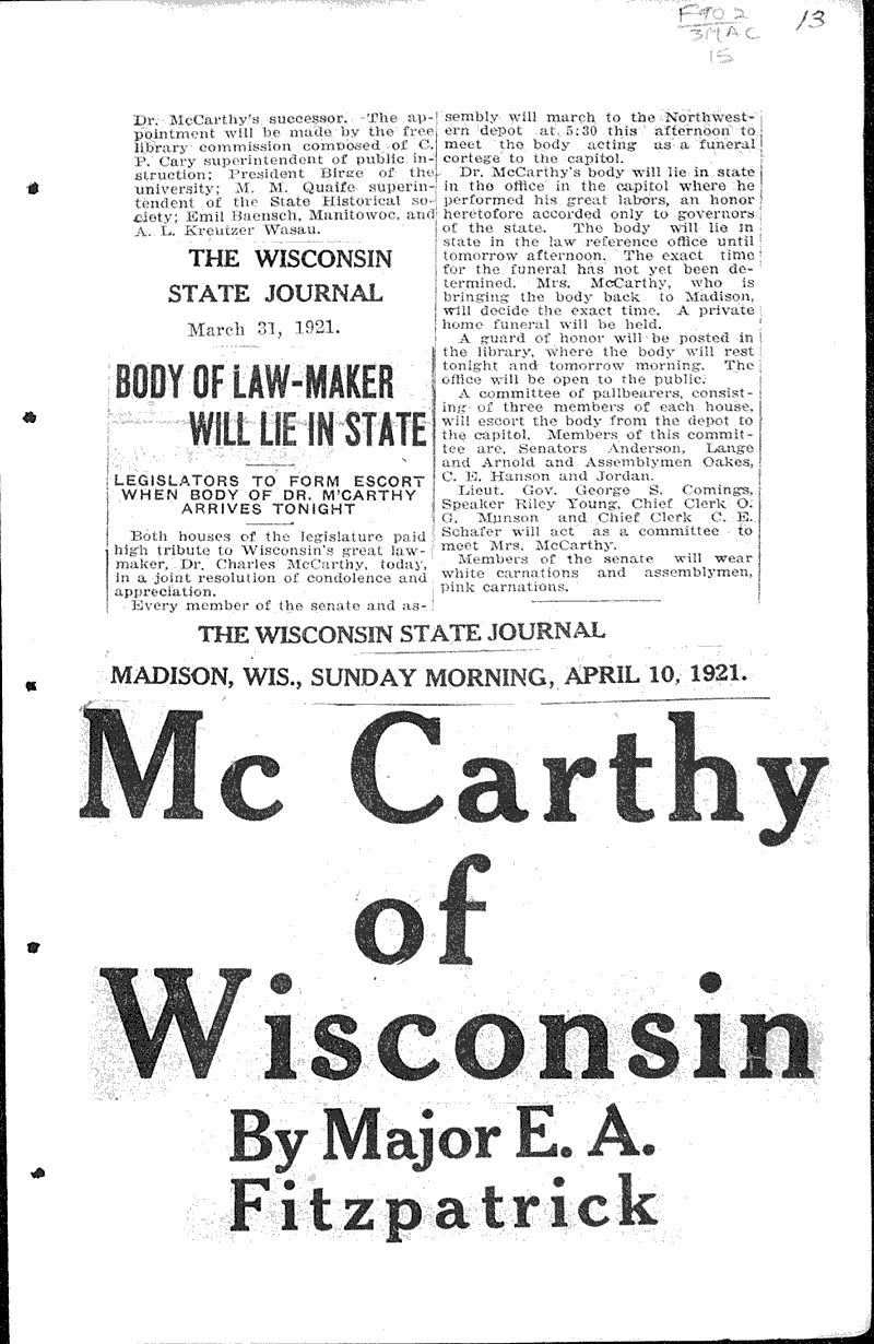  Source: Wisconsin State Journal Topics: Government and Politics Date: 1921-03-31