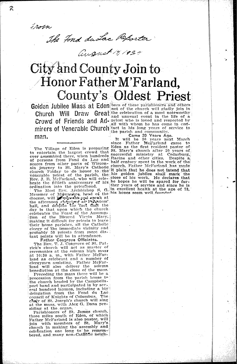 City and county join to honor father m'farland, county''s oldest priest