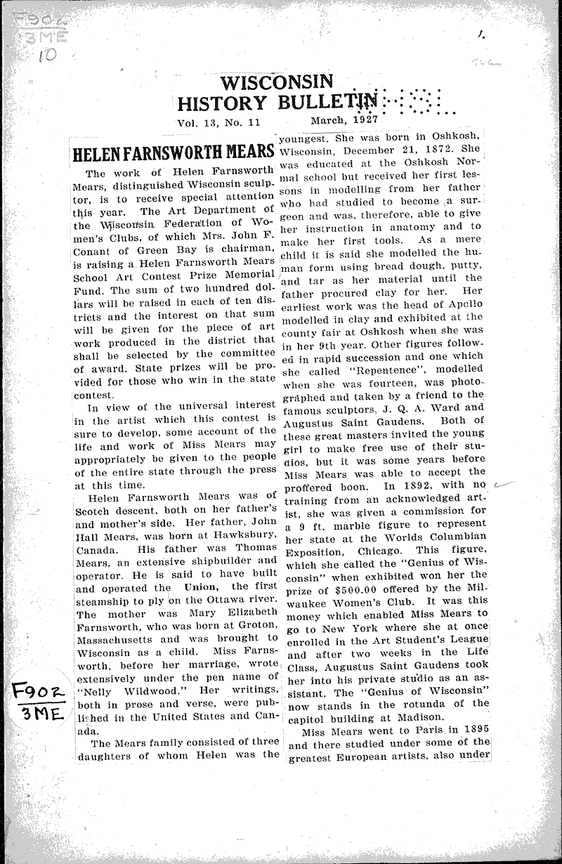  Source: Wisconsin History Bulletin Topics: Art and Music Date: 1927-03-??