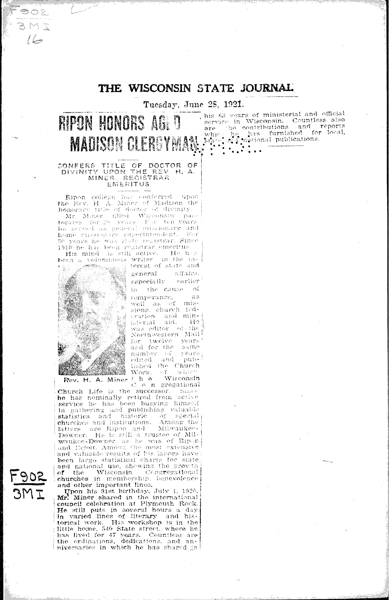  Source: Wisconsin State Journal Topics: Church History Date: 1921-06-28