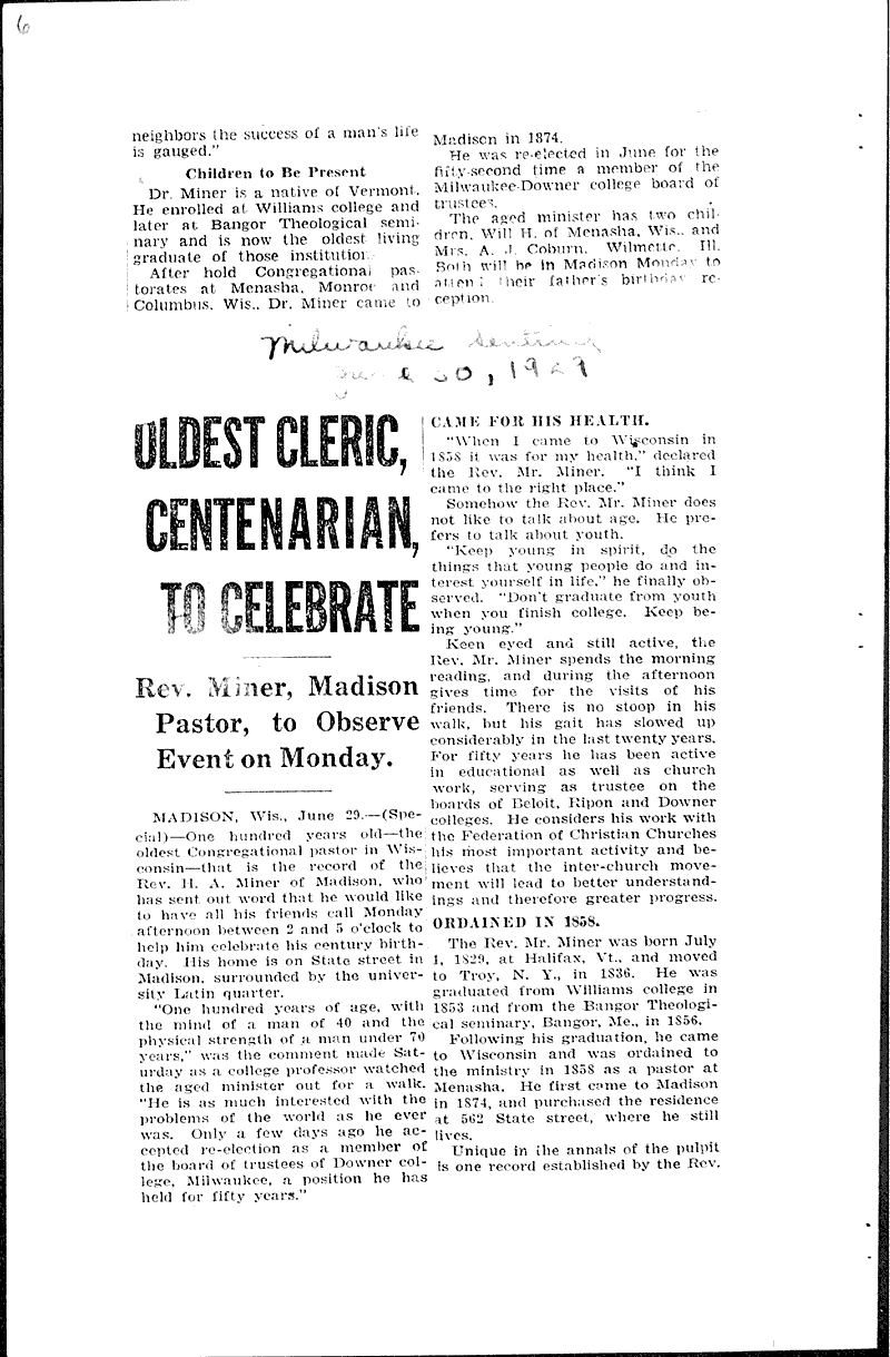  Source: Milwaukee Journal Topics: Church History Date: 1929-06-30