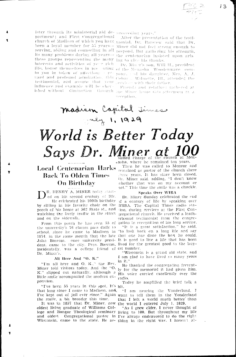  Source: Wisconsin State Journal Topics: Church History Date: 1929-07-01