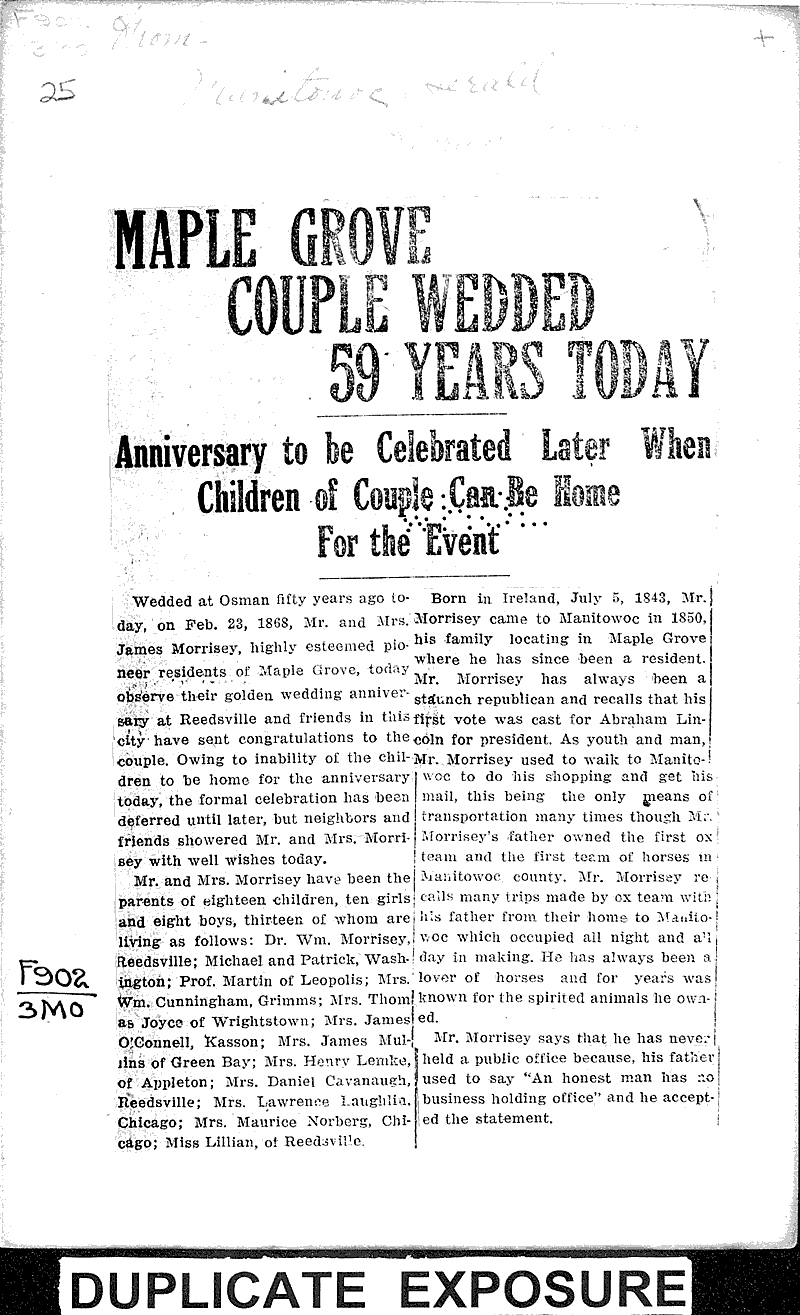 Maple Grove couple wedded 59 years today Newspaper Article/Clipping