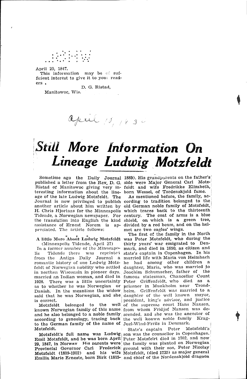 Lineage of Ludvig Motzfeldt traced back for 400 years Source: Antigo Journal Date: 1934-01-26