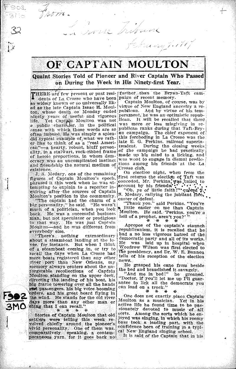 Of Captain Moulton Newspaper Article/Clipping Wisconsin Historical
