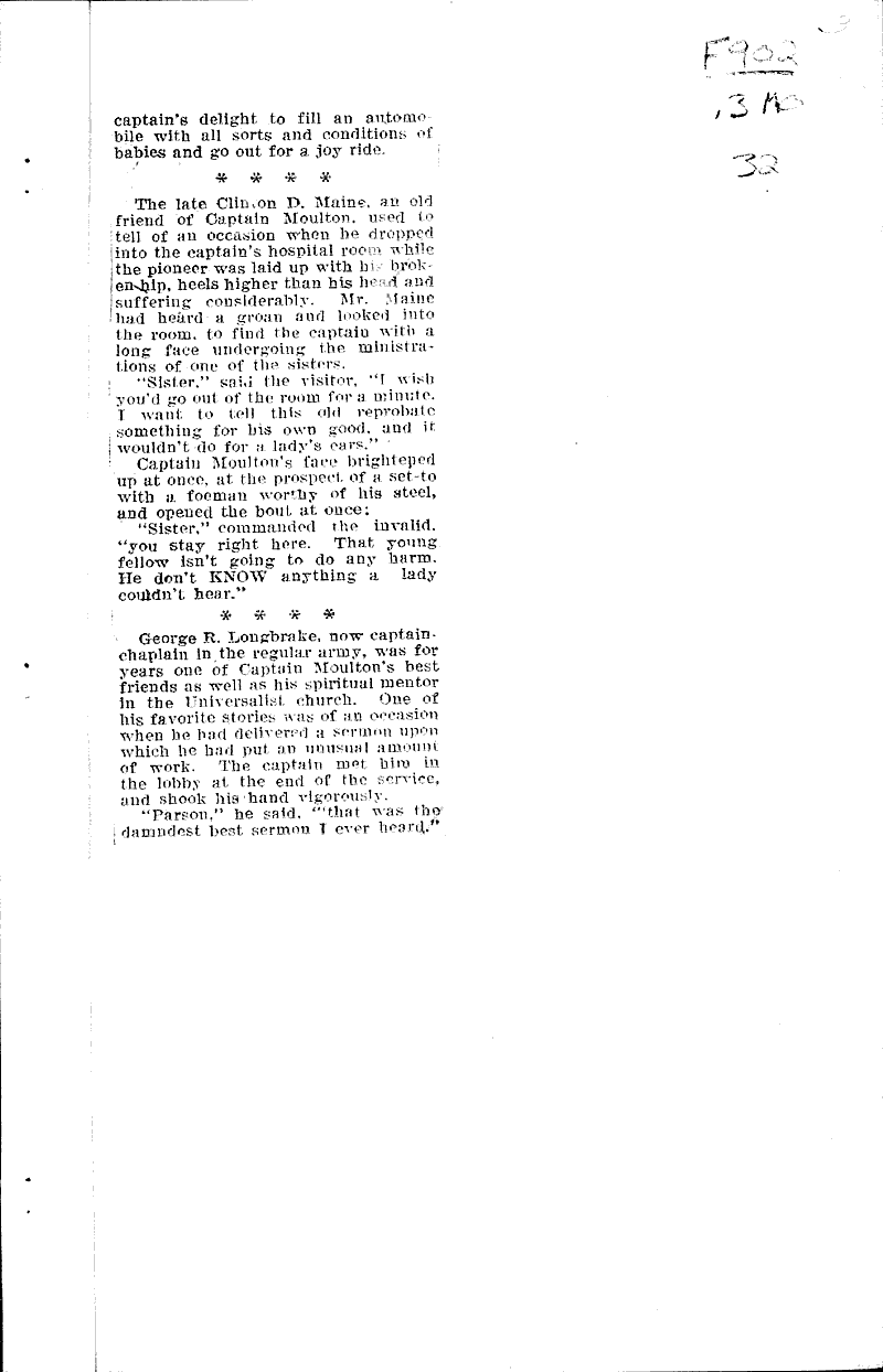 Of Captain Moulton Newspaper Article/Clipping Wisconsin Historical