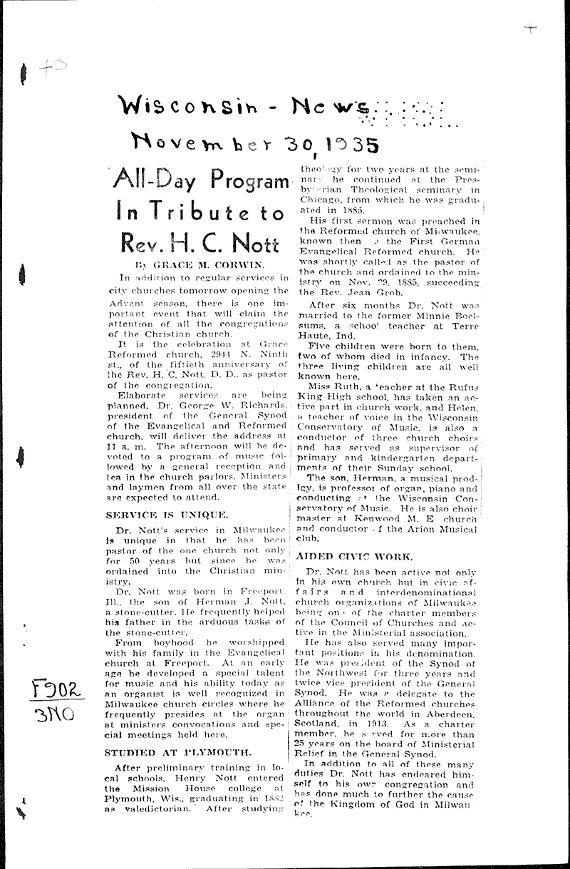  Source: Wisconsin News Topics: Church History Date: 1935-11-30