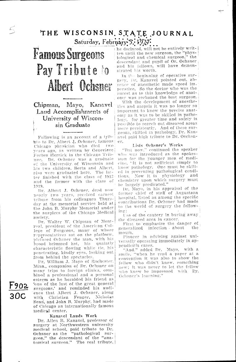  Source: Wisconsin State Journal Date: 1927-02-05
