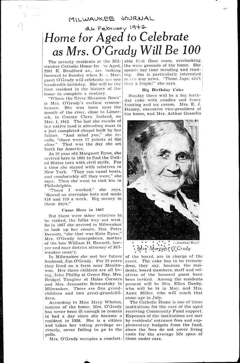 Home for aged to celebrate as mrs. o'grady will be 100 Newspaper