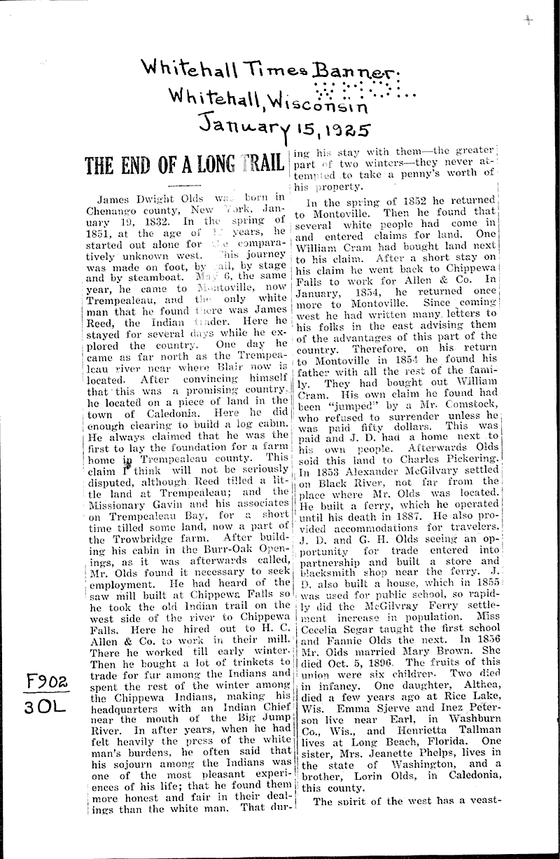 The end of a long trail Newspaper Article/Clipping Wisconsin