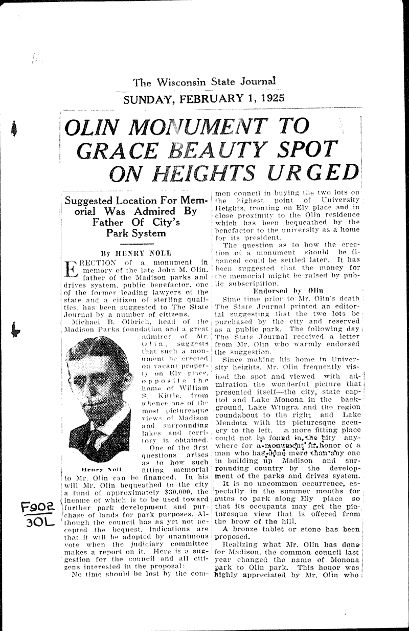 Olin monument to grace beauty spot on heights urged Newspaper Article