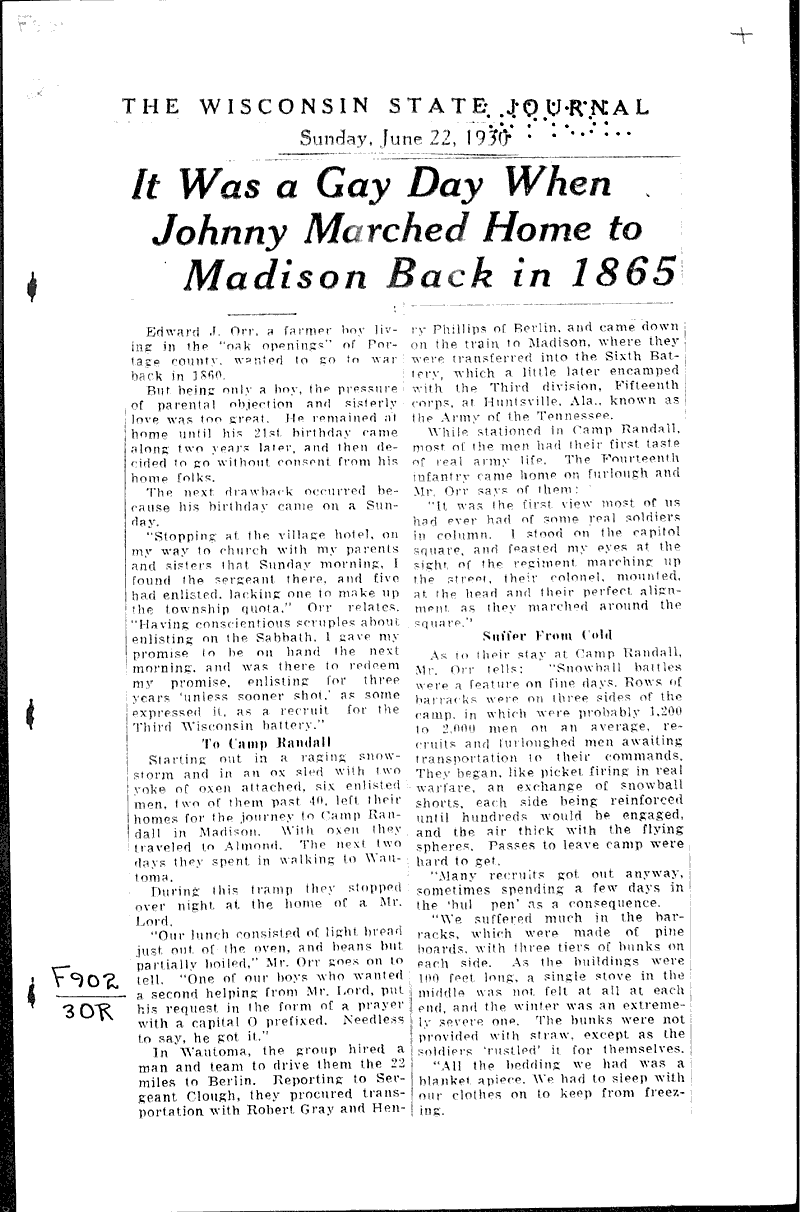  Source: Wisconsin State Journal Topics: Civil War Date: 1930-06-22