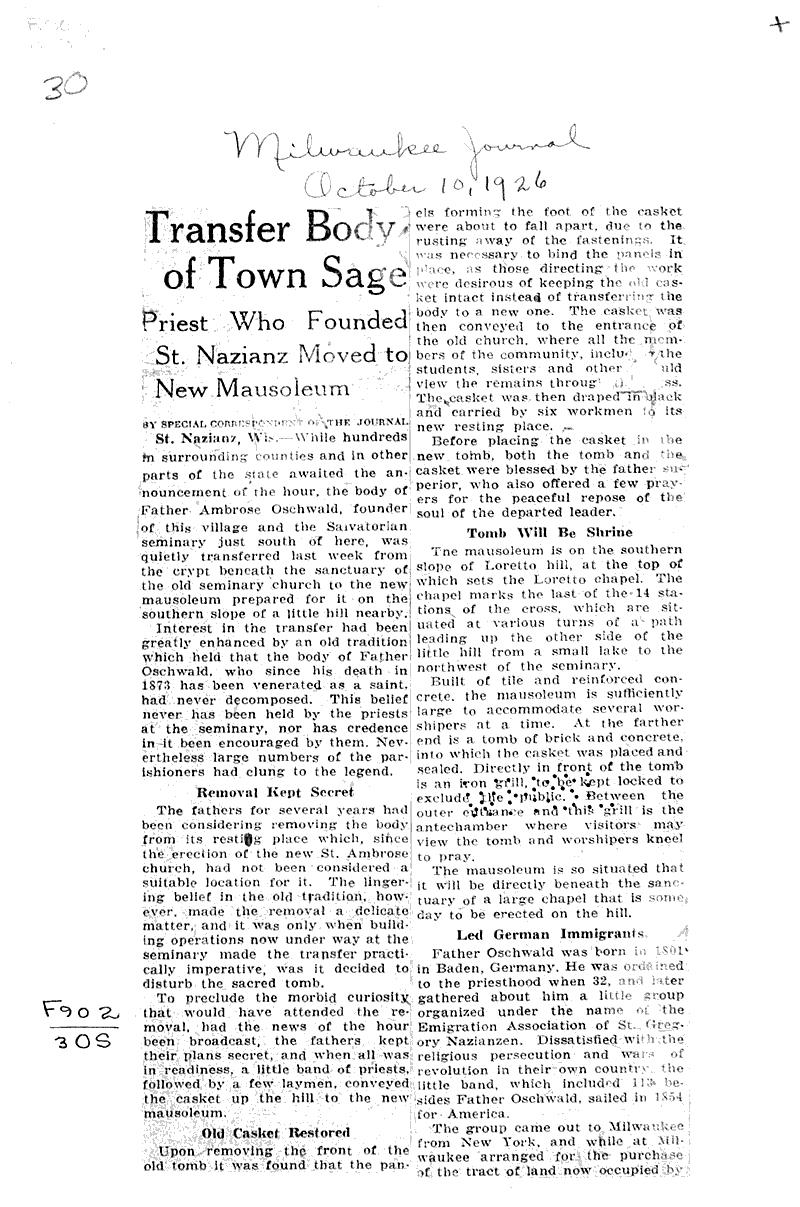  Source: Milwaukee Journal Topics: Church History Date: 1926-10-10