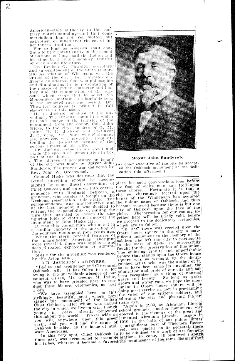 Memorial to the chieftain of the Menominee Newspaper Article/Clipping