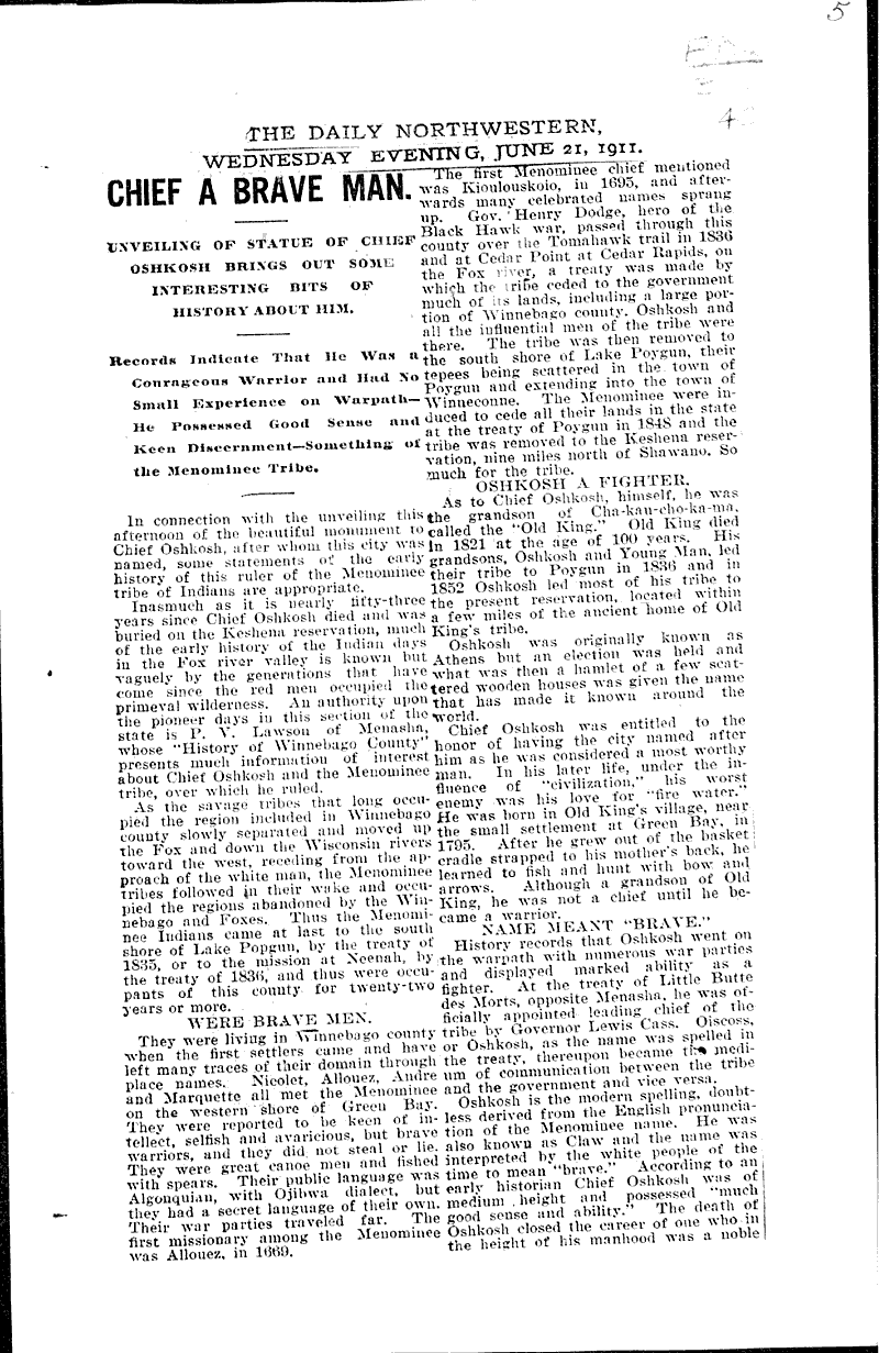  Source: Oshkosh Daily Northwestern Topics: Indians and Native Peoples Date: 1911-06-21
