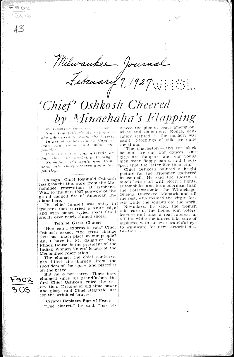  Source: Milwaukee Journal Topics: Indians and Native Peoples Date: 1927-02-07