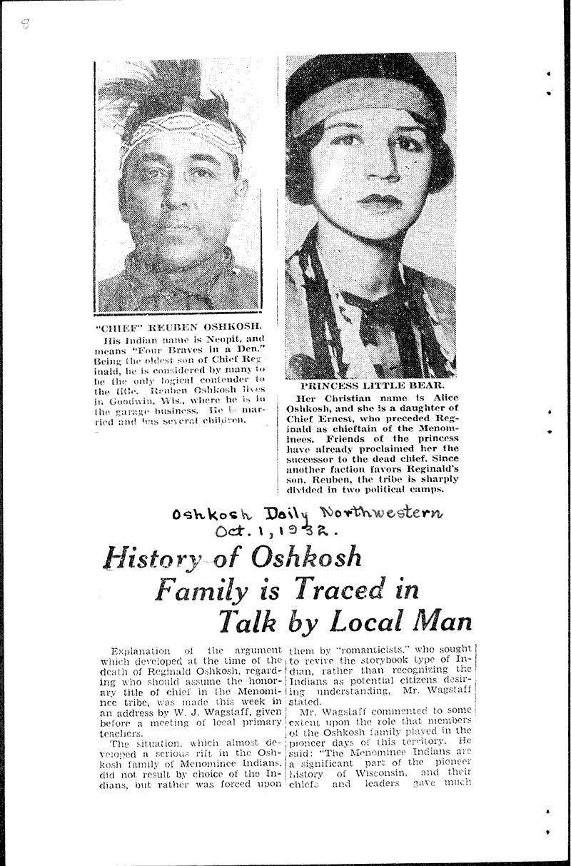  Source: Oshkosh Daily Northwestern Topics: Indians and Native Peoples Date: 1932-10-01