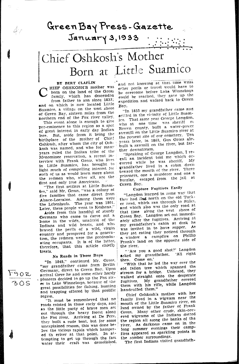 Chief oshkosh's mother born at little suamico Newspaper Article