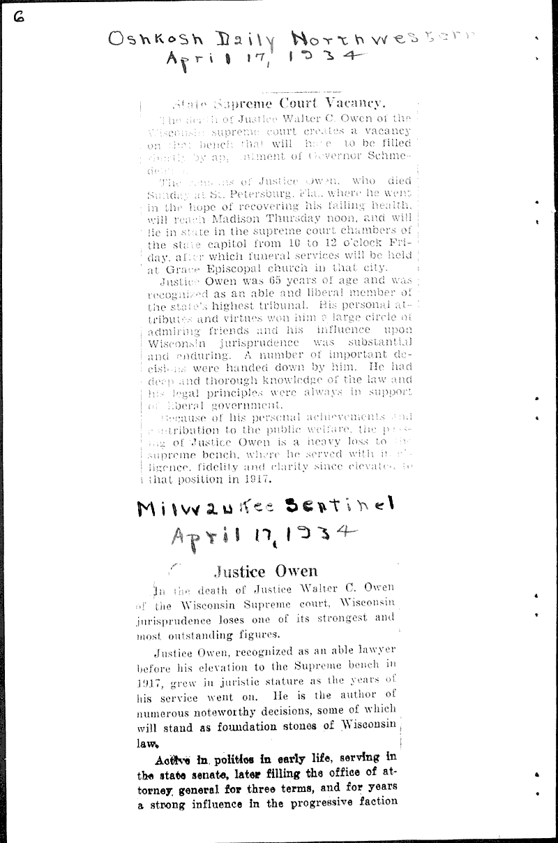 Justice Owen Newspaper Article/Clipping Wisconsin Historical Society