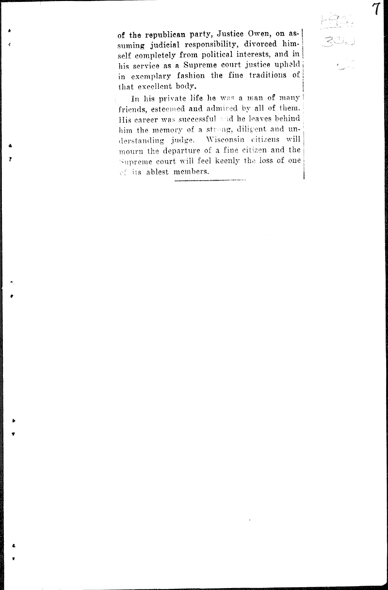 Justice Owen Newspaper Article/Clipping Wisconsin Historical Society