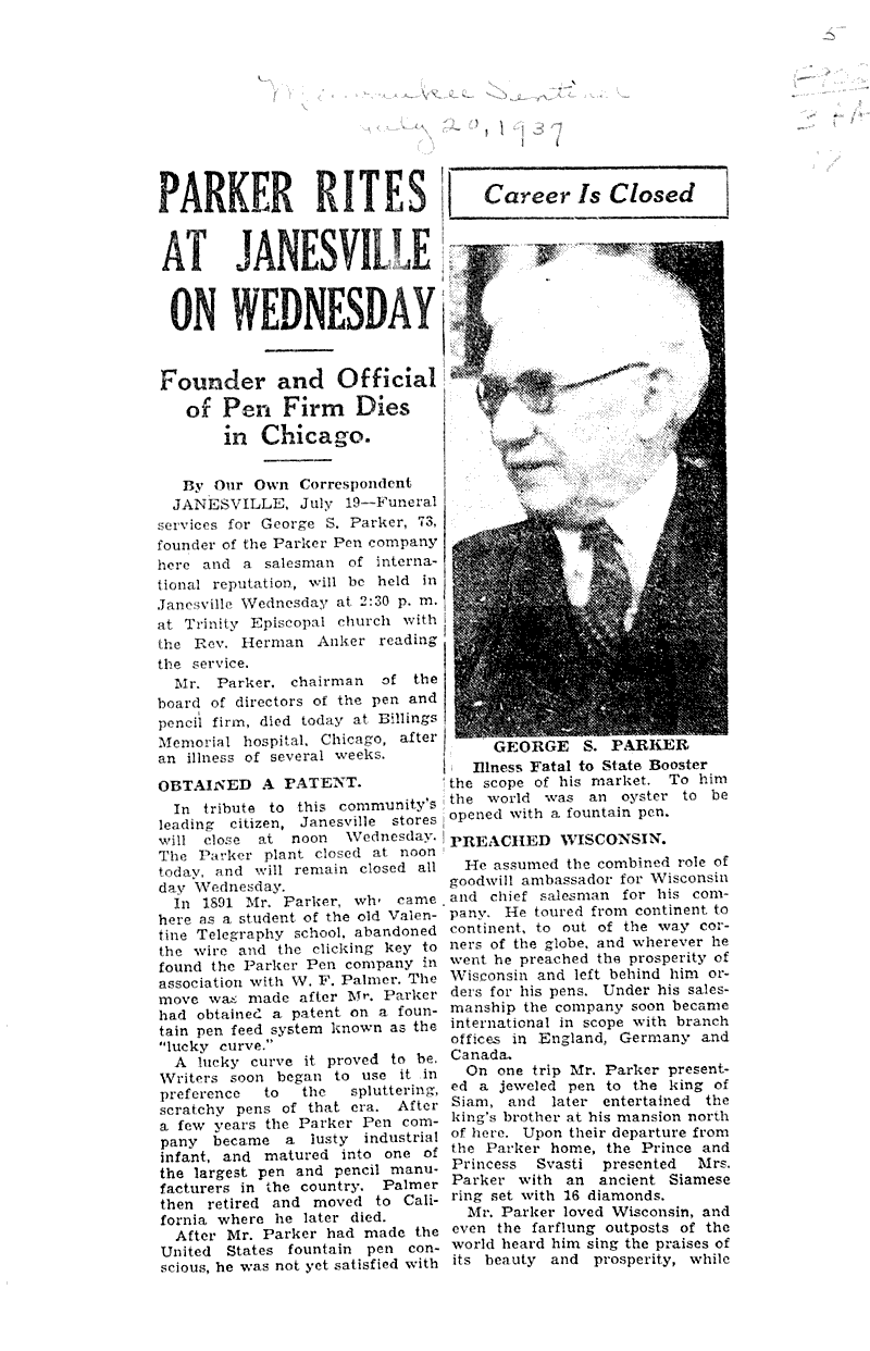 Parker rites at Janesville on Wednesday Source: Milwaukee Sentinel Date: 1937-07-20