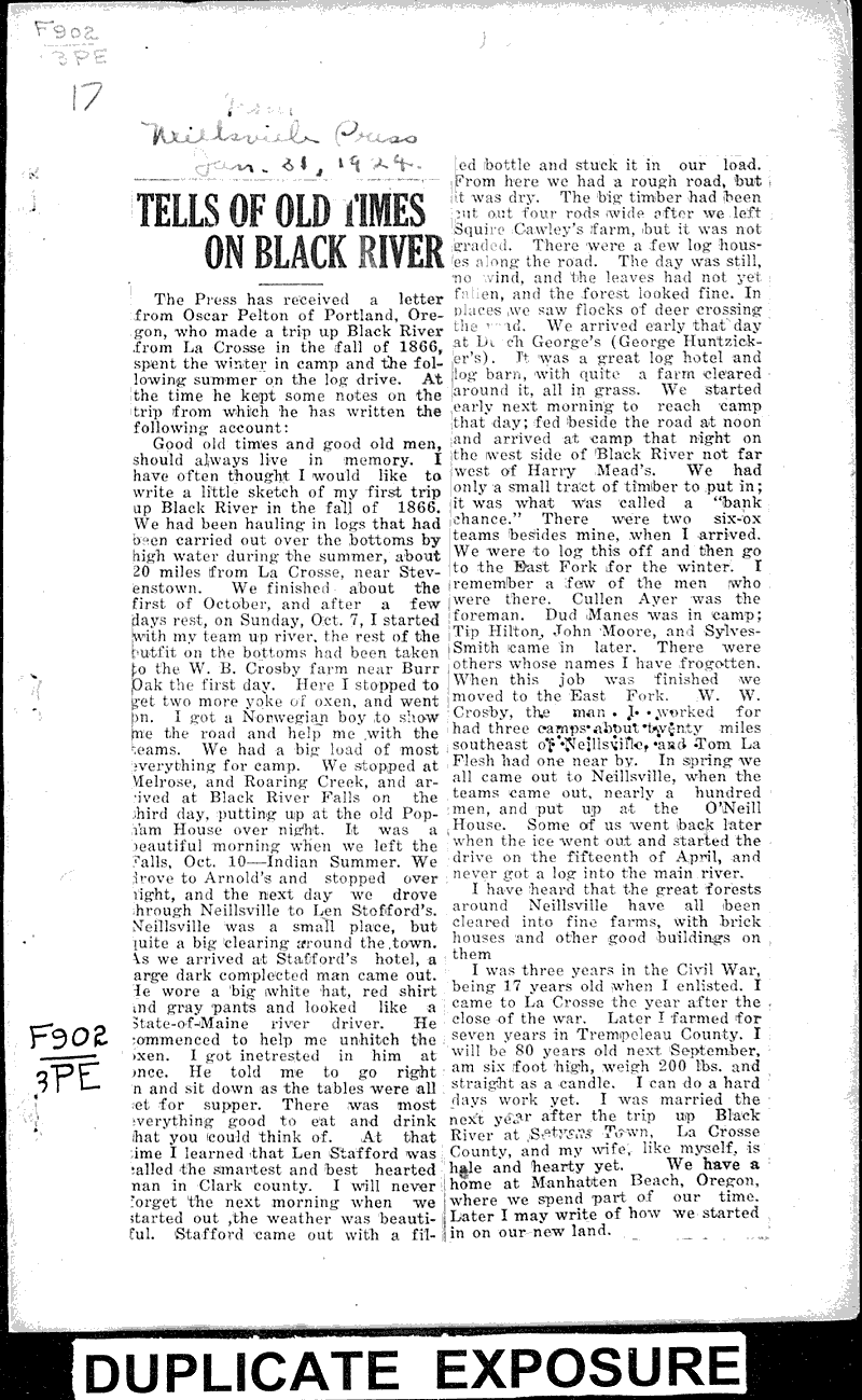 Tells of old times on Black River Newspaper Article/Clipping