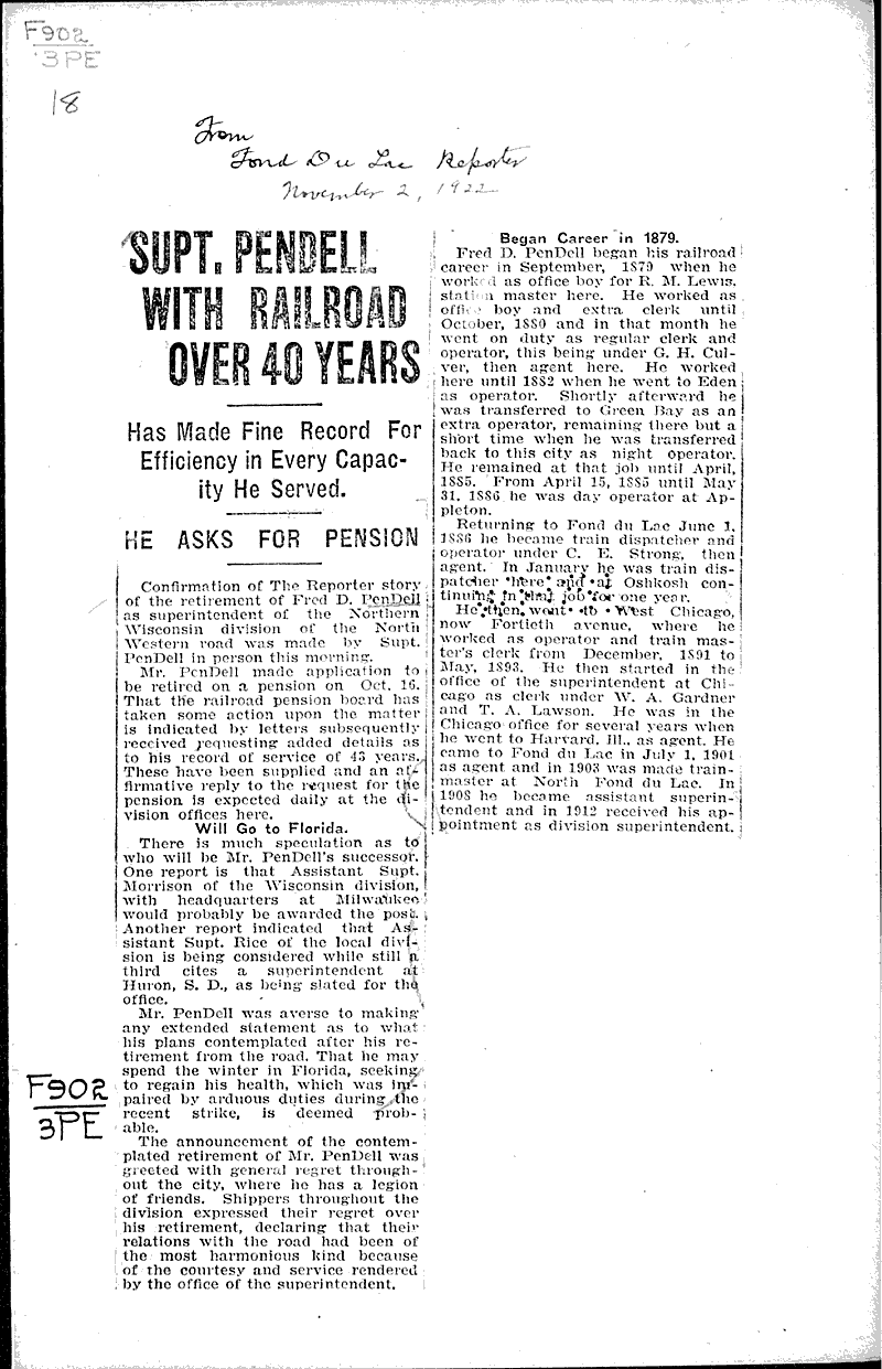  Source: Fond du Lac Daily Reporter Topics: Transportation Date: 1922-11-02