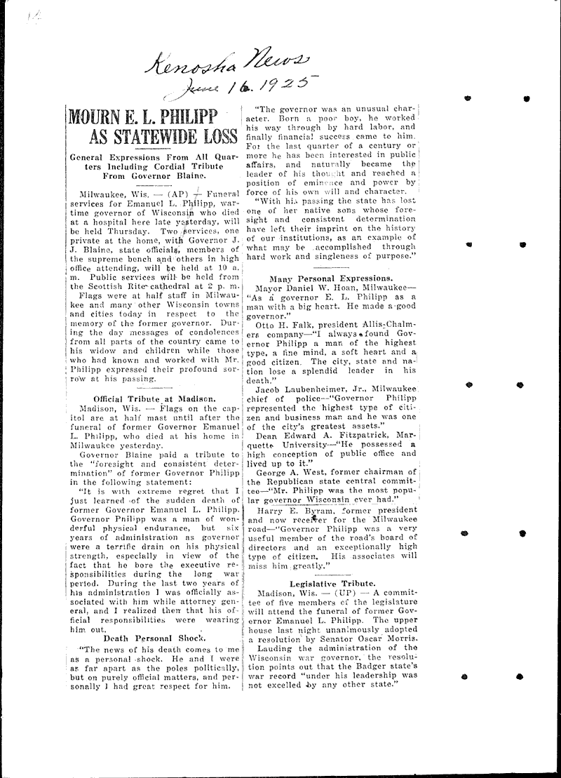  Source: Kenosha News Topics: Government and Politics Date: 1925-06-16