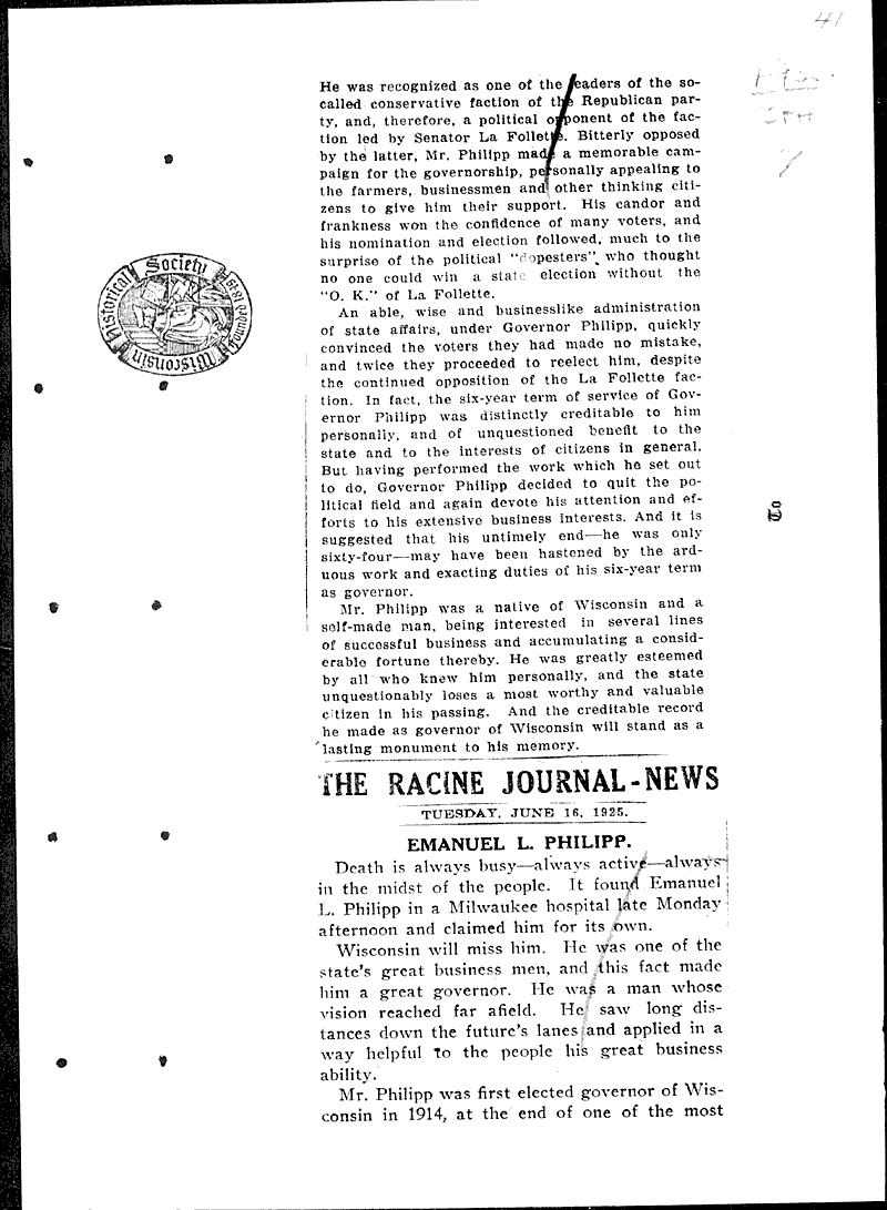  Source: Racine Journal-News Topics: Government and Politics Date: 1925-06-16