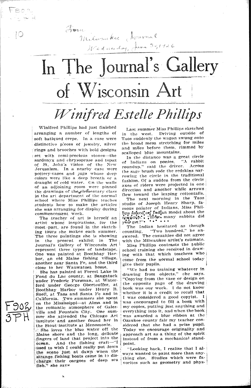  Source: Milwaukee Journal Topics: Art and Music Date: 1926-06-30