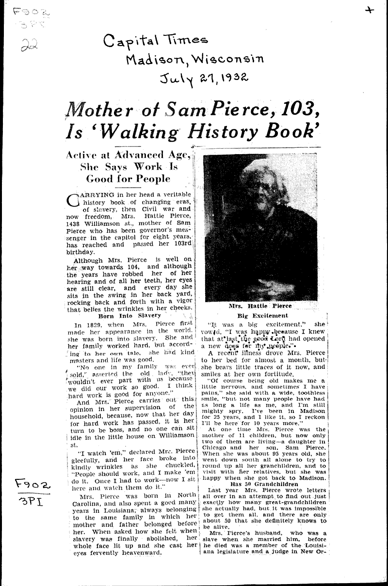 Mother of Sam Pierce, 103, is "walking history book" Newspaper