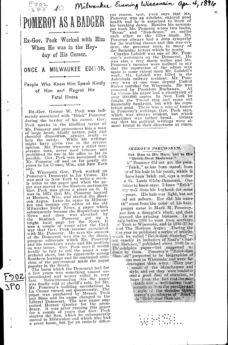 Pomeroy as a badger Newspaper Article/Clipping Wisconsin Historical Society