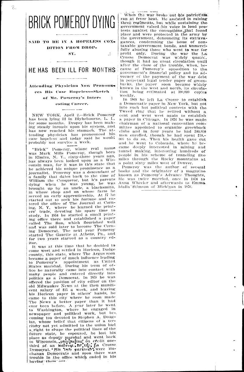 Pomeroy as a badger Newspaper Article/Clipping Wisconsin Historical