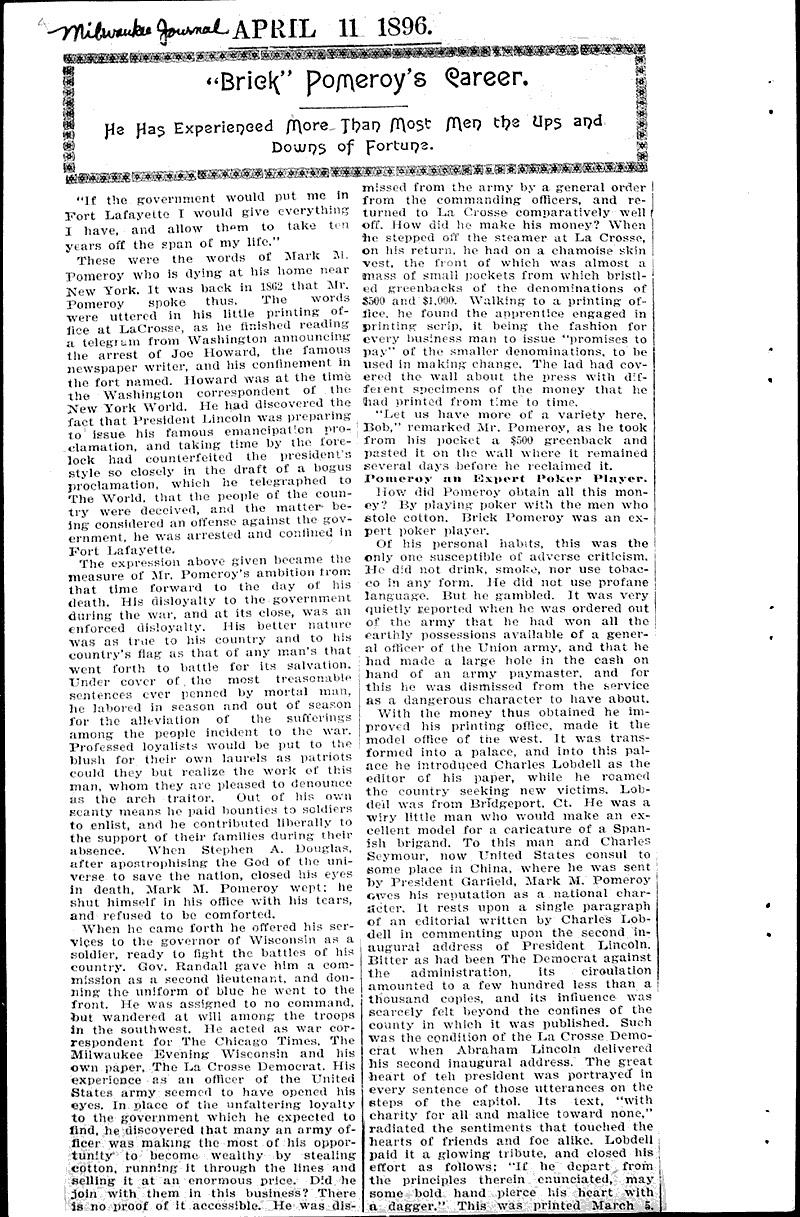 Pomeroy as a badger Newspaper Article/Clipping Wisconsin Historical