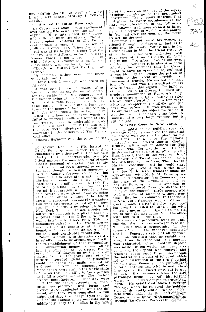 Pomeroy as a badger Newspaper Article/Clipping Wisconsin Historical
