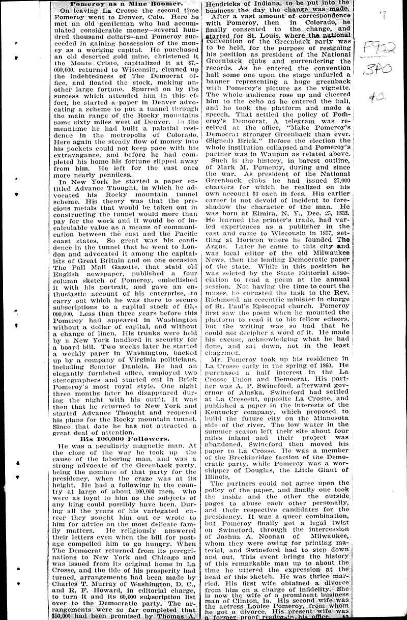 Pomeroy as a badger Newspaper Article/Clipping Wisconsin Historical