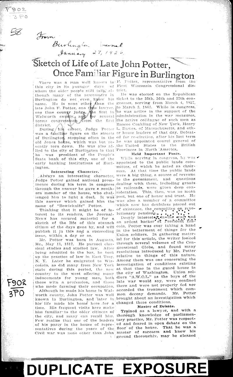 Sketch of life of late john potter, once familiar figure in burlington