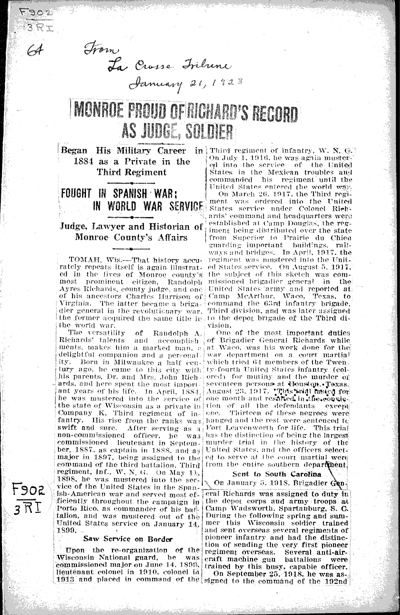Monroe proud of Richard's record as judge, soldier Source: LaCrosse Tribune Topics: Wars Date: 1923-01-21