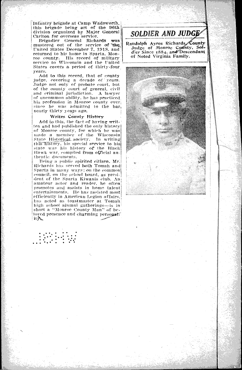 Monroe proud of Richard's record as judge, soldier Source: LaCrosse Tribune Topics: Wars Date: 1923-01-21