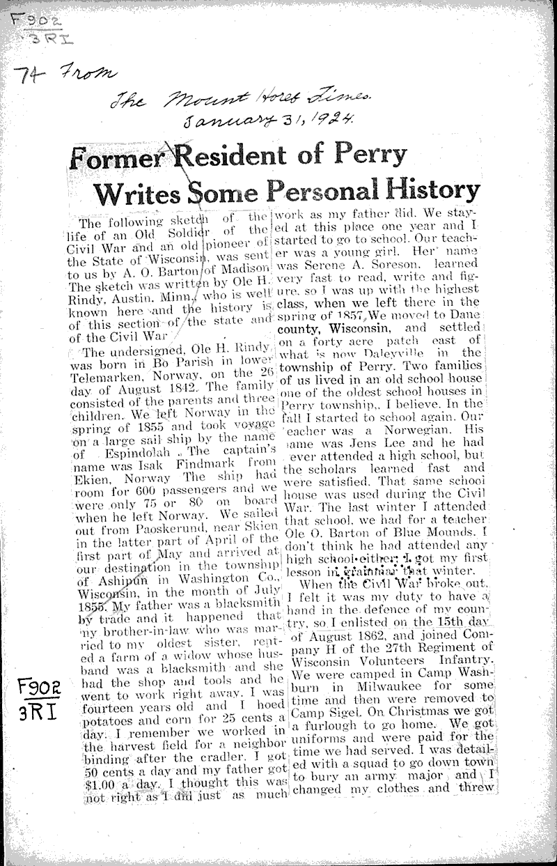  Source: Mount Horeb Times Topics: Civil War Date: 1924-01-31