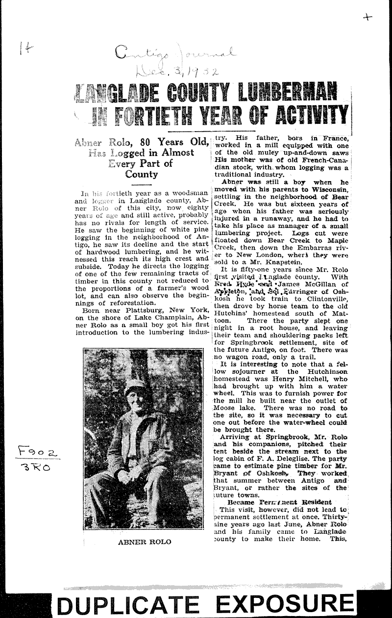 Langlade county lumberman in fortieth year of acitvity Newspaper