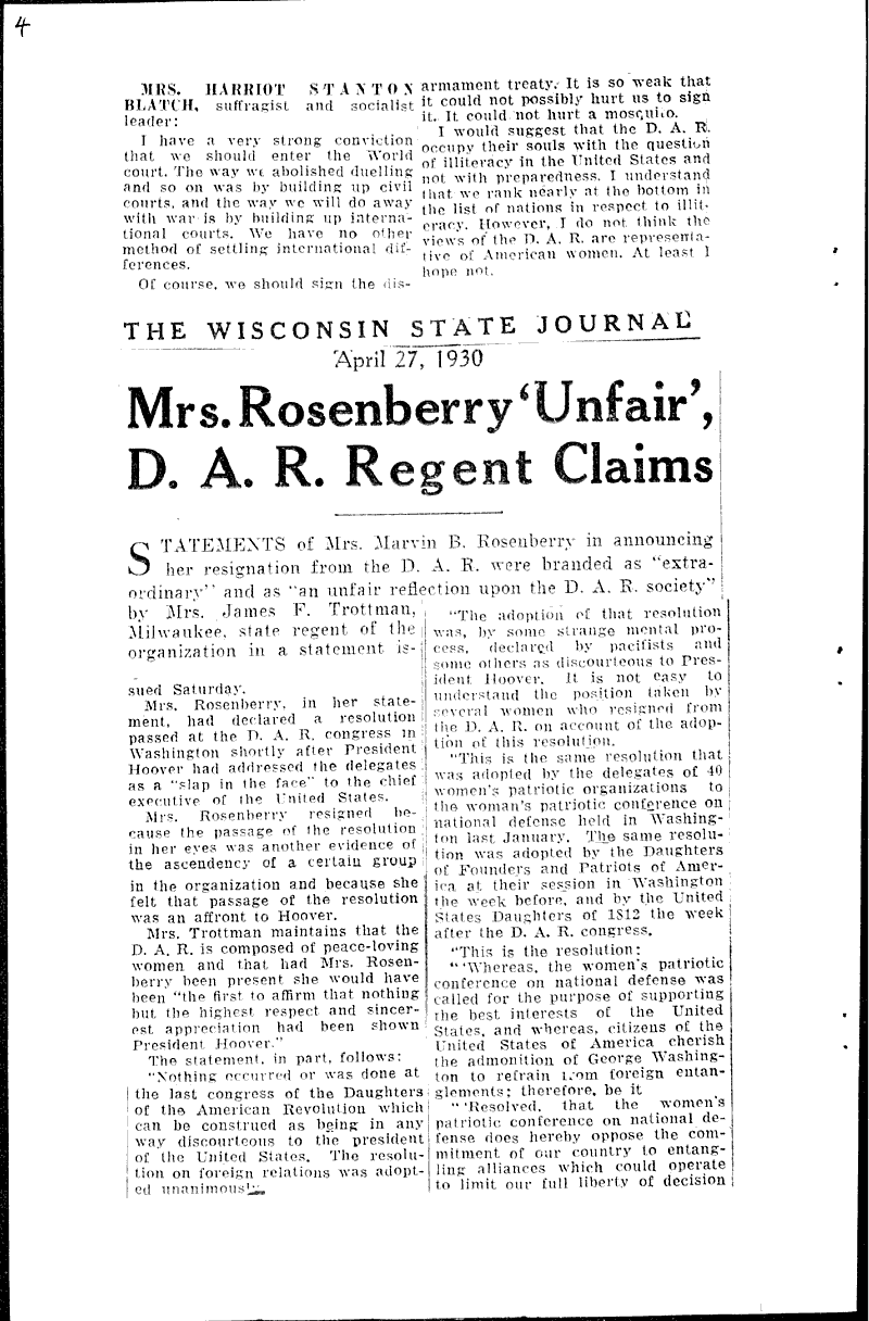  Source: Wisconsin State Journal Topics: Social and Political Movements Date: 1930-04-27
