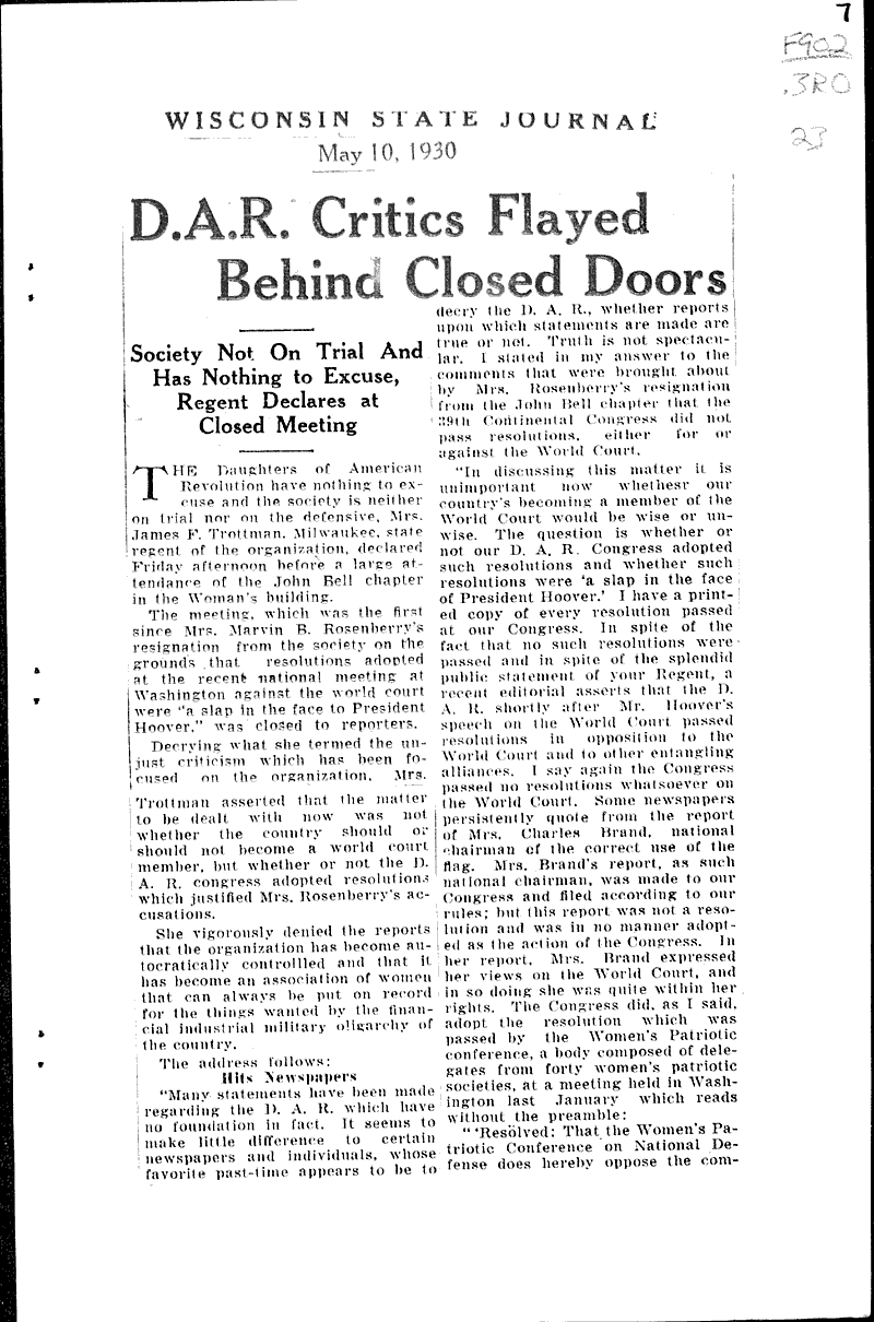  Source: Wisconsin State Journal Topics: Social and Political Movements Date: 1930-05-10