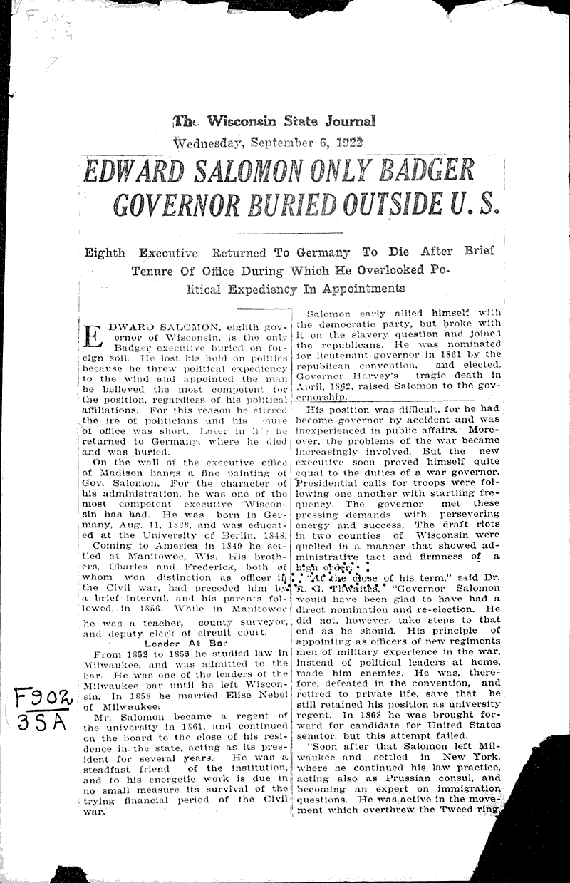  Source: Wisconsin State Journal Topics: Government and Politics Date: 1922-09-06