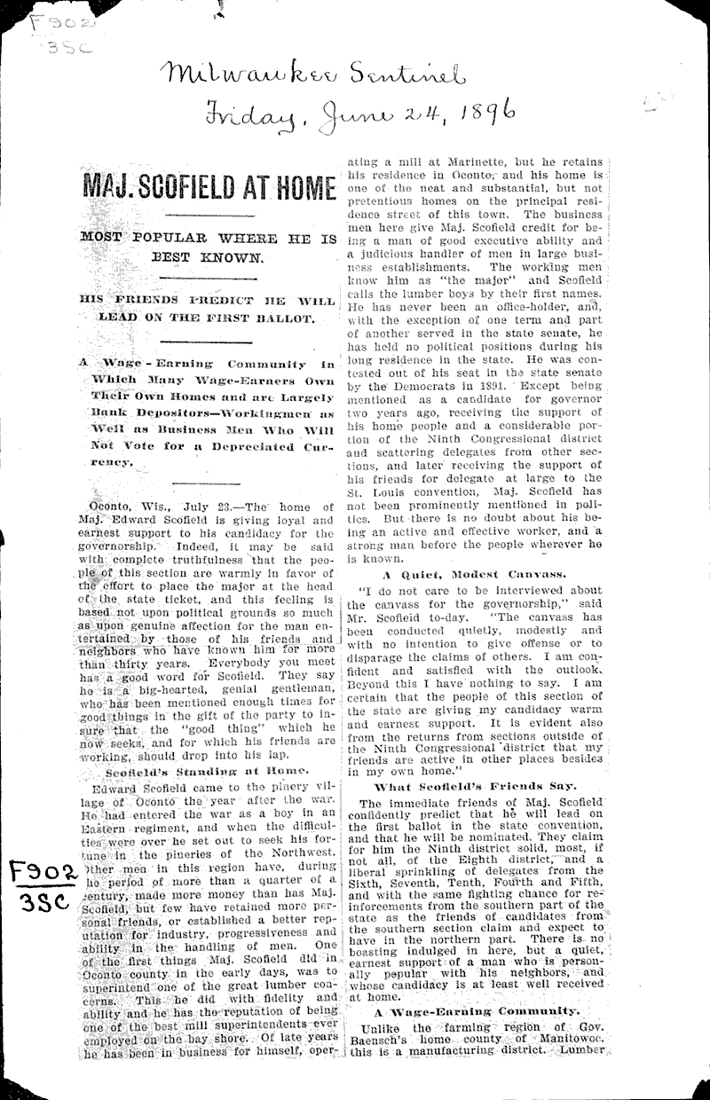 Maj. schofield at home Newspaper Article/Clipping Wisconsin