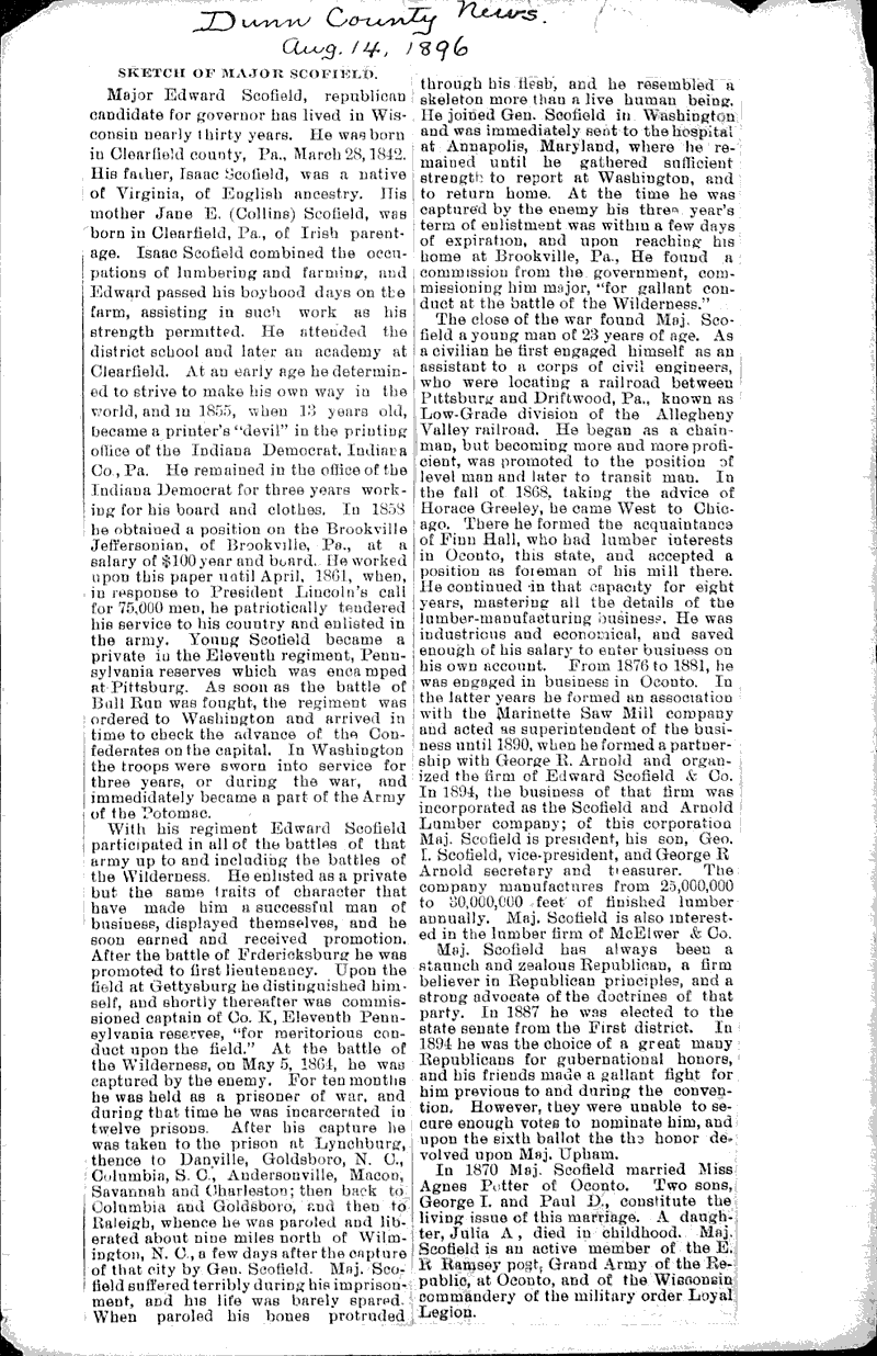 Maj. schofield at home Newspaper Article/Clipping Wisconsin