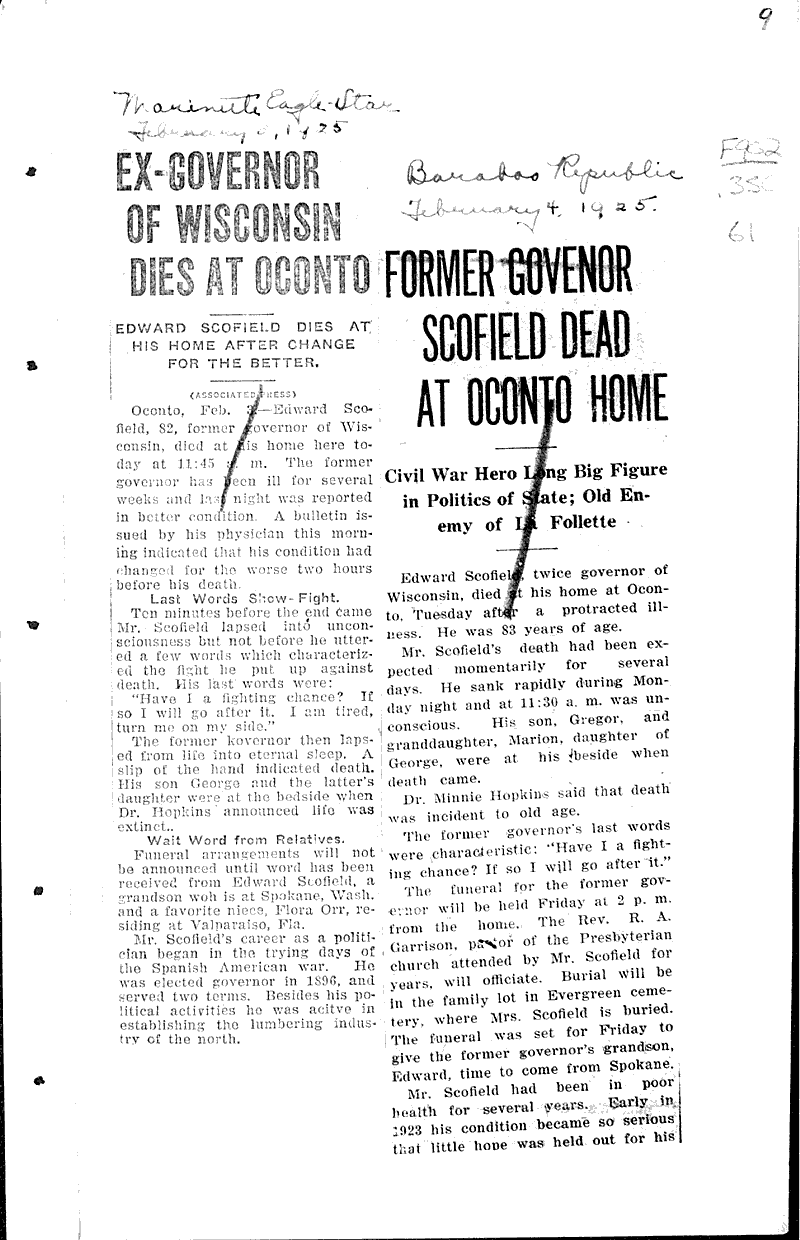  Source: Monroe Times Topics: Government and Politics Date: 1925-01-30