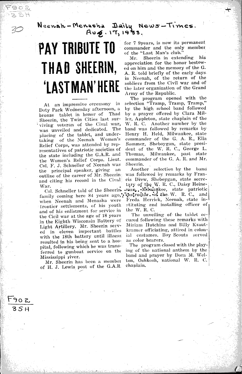 Pay tribute to Thad Sheerin, "last man" here Newspaper Article