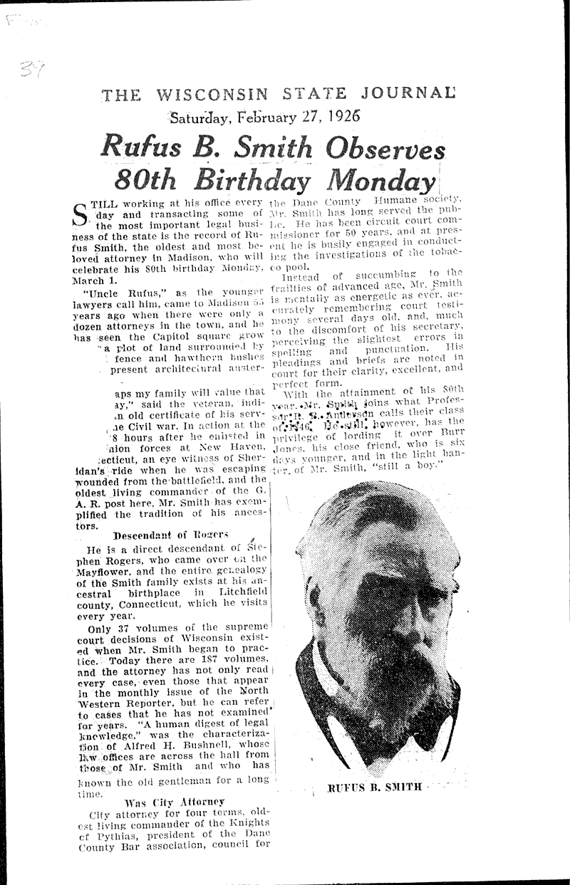 Rufus B. Smith observes 80th birthday Monday Newspaper Article
